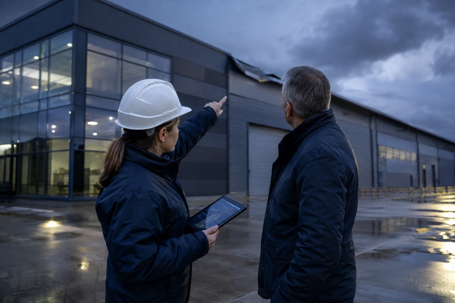 Insurance loss adjuster inspecting storm damage at a commercial property.