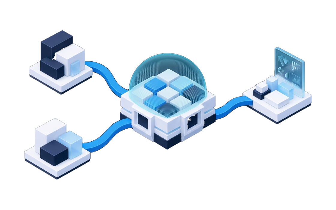 Business systems connected to an AI model protected by a visible governance layer