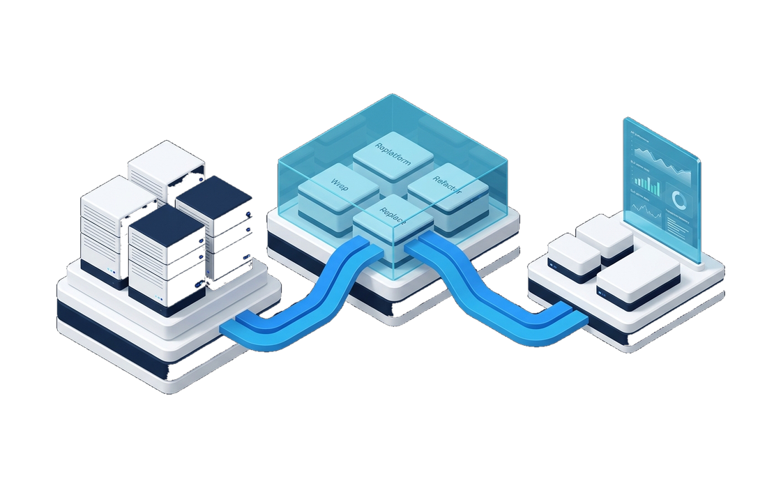 Dedicated architectural 3D isometric composition showing IBM i and z/OS system of record protected by an operational guardrail rail while modern APIs and events surround it