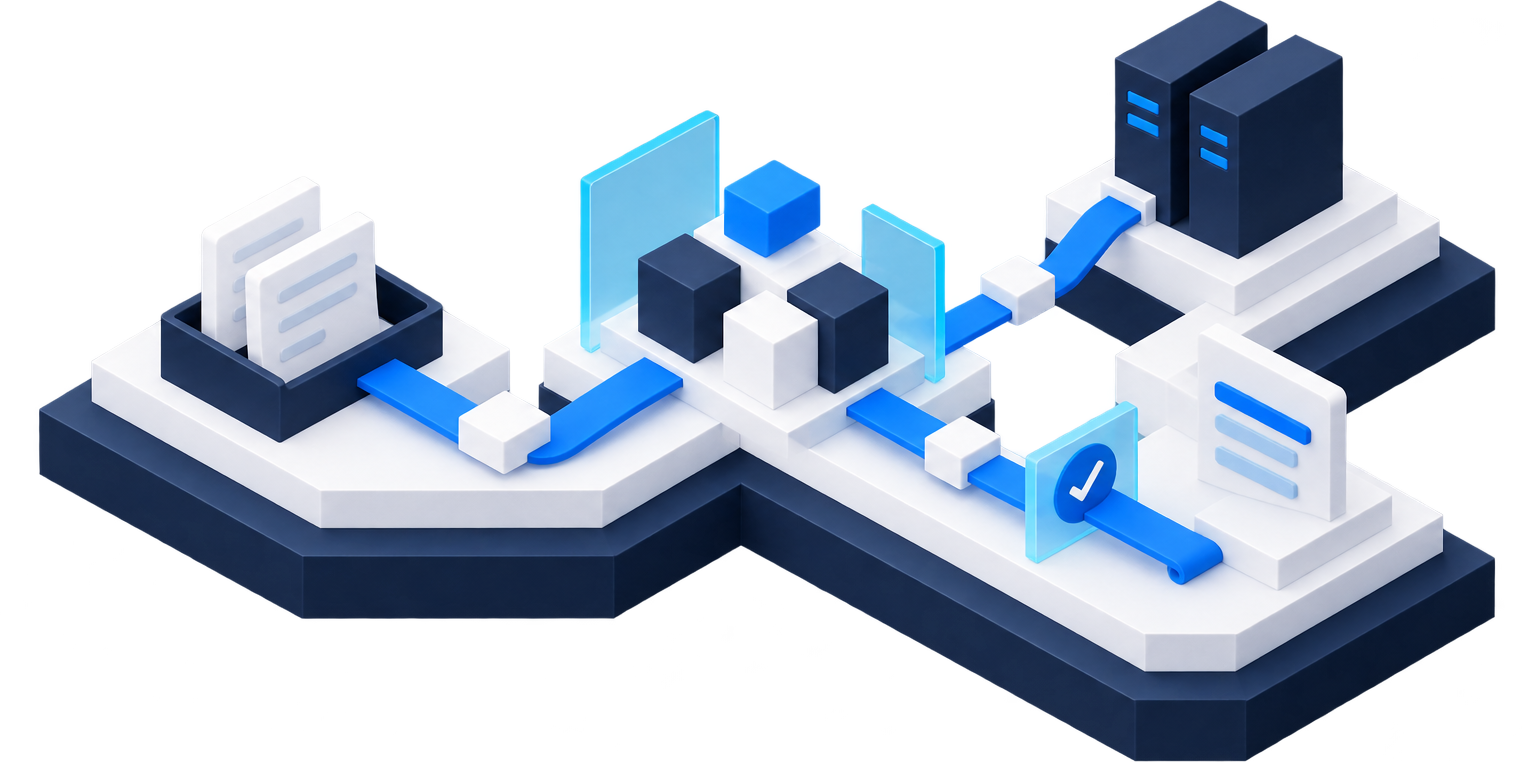 IBM watsonx Orchestrate architectural model connecting document intake, agent hub and enterprise applications with verified check gates